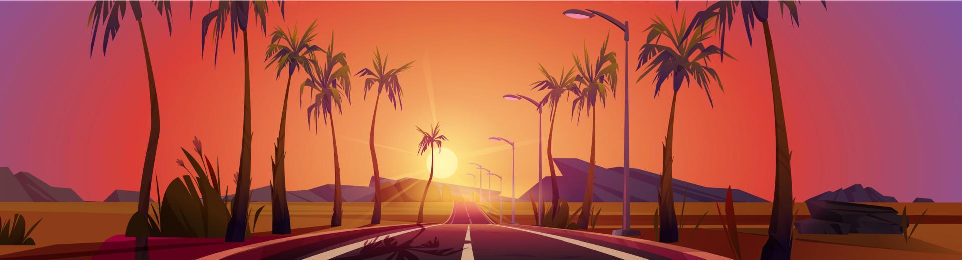 Sunset landscape road with palm trees by sides vector