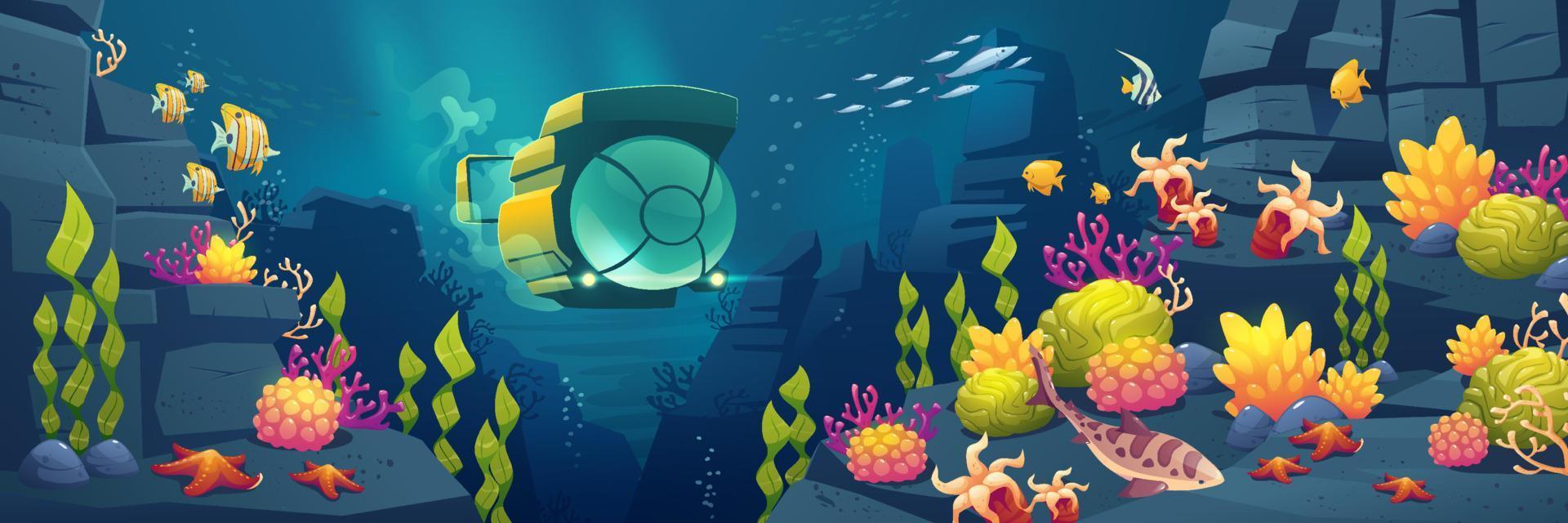 Underwater sea landscape with submarine, fish vector