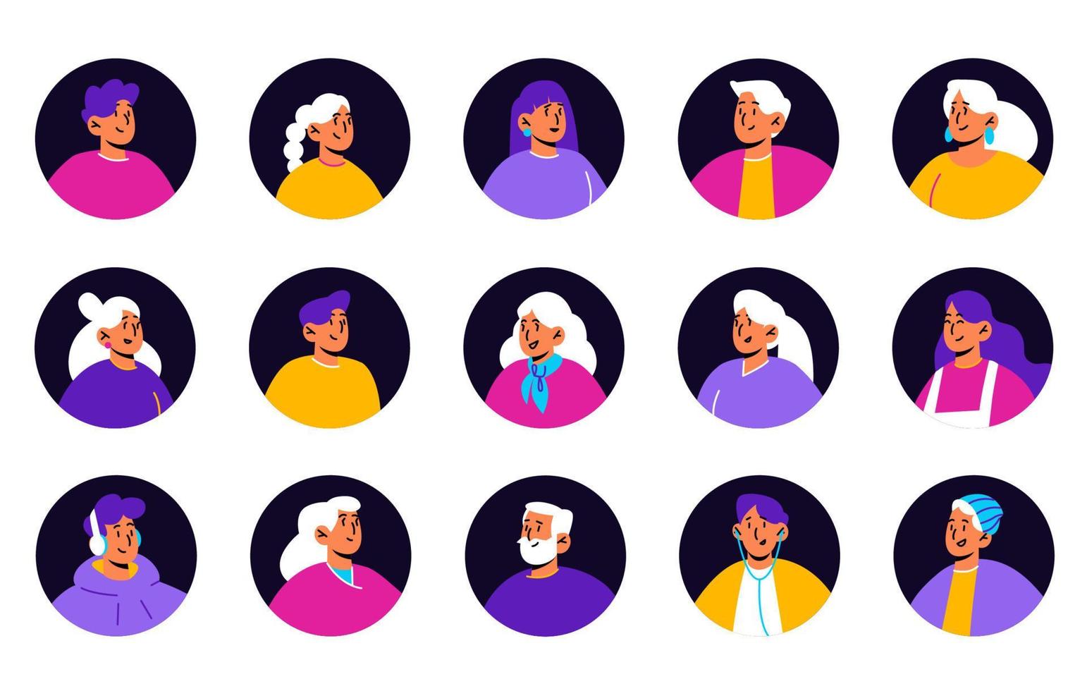 Set of people avatars, isolated round icons, faces vector