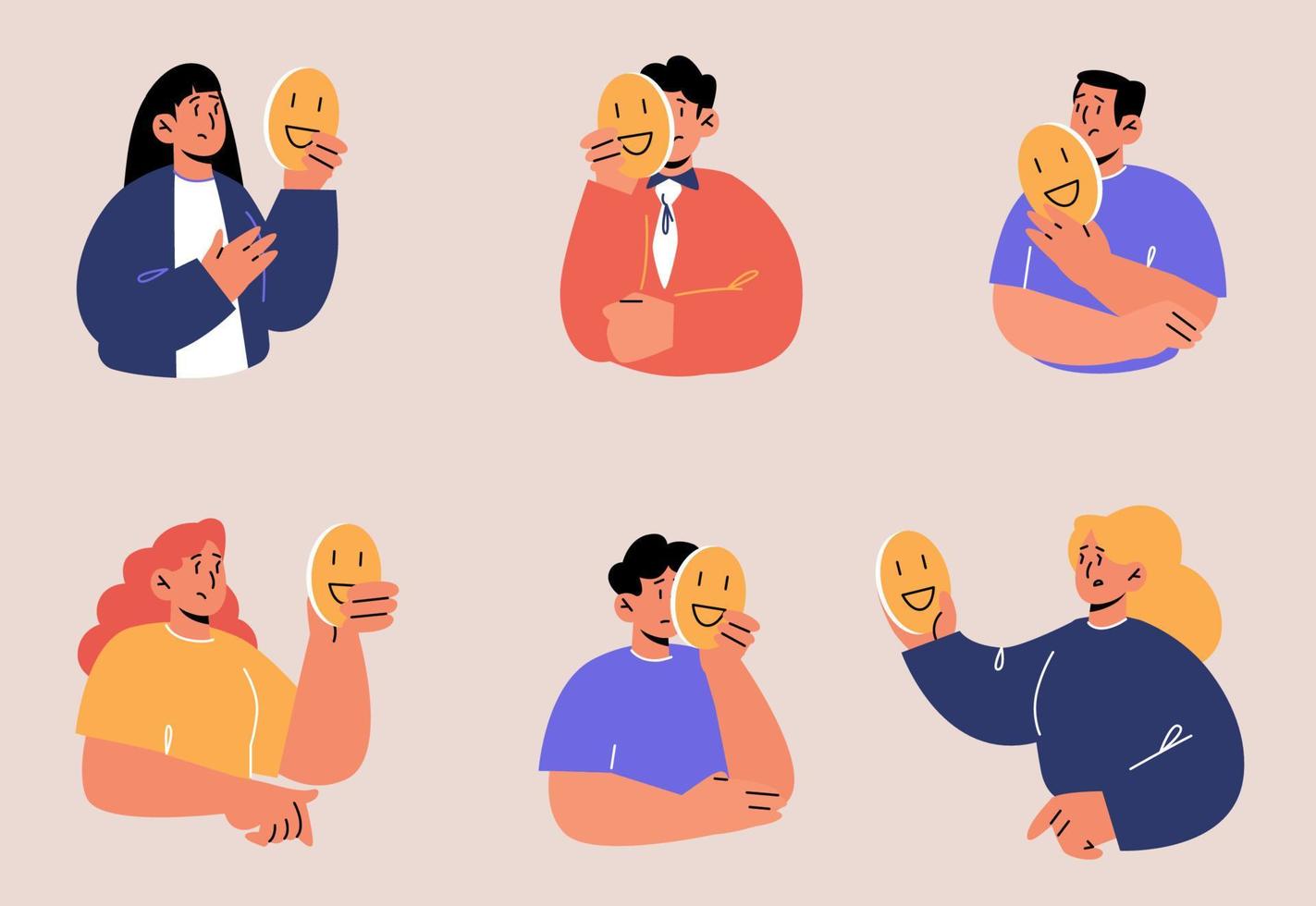 Set of people hiding faces behind of social masks vector