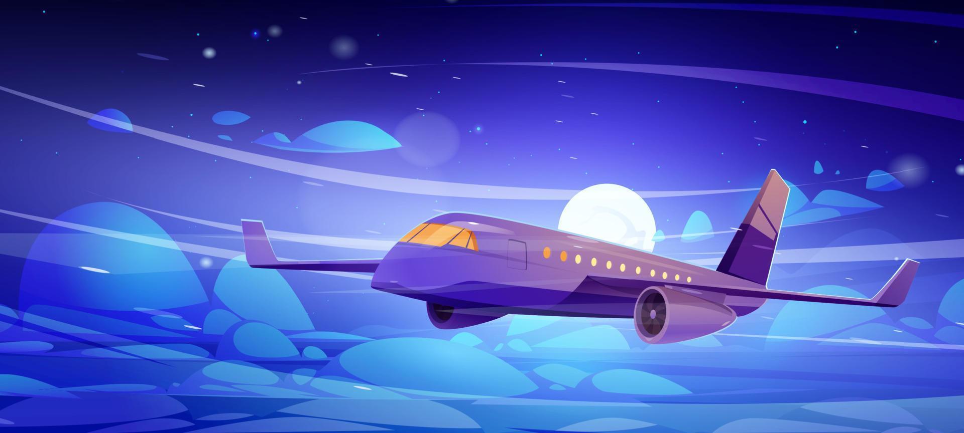 Plane fly in night sky with clouds and full moon vector