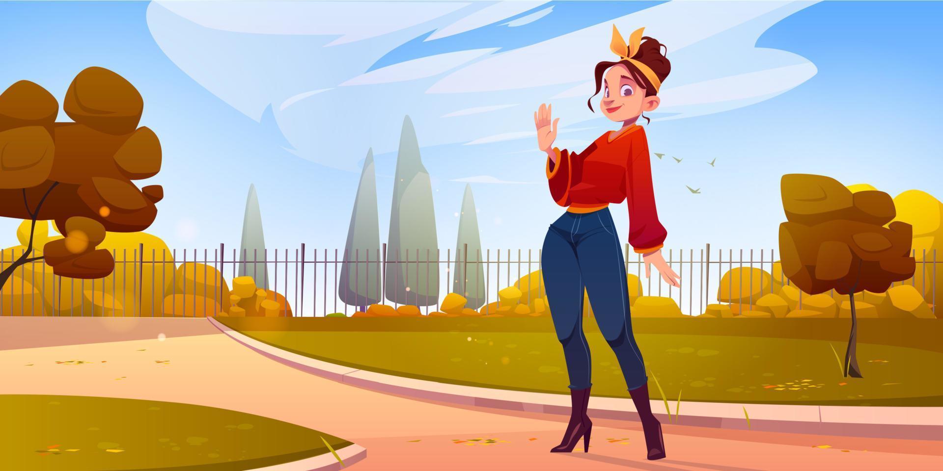 Woman in autumn city park waving hand on street vector