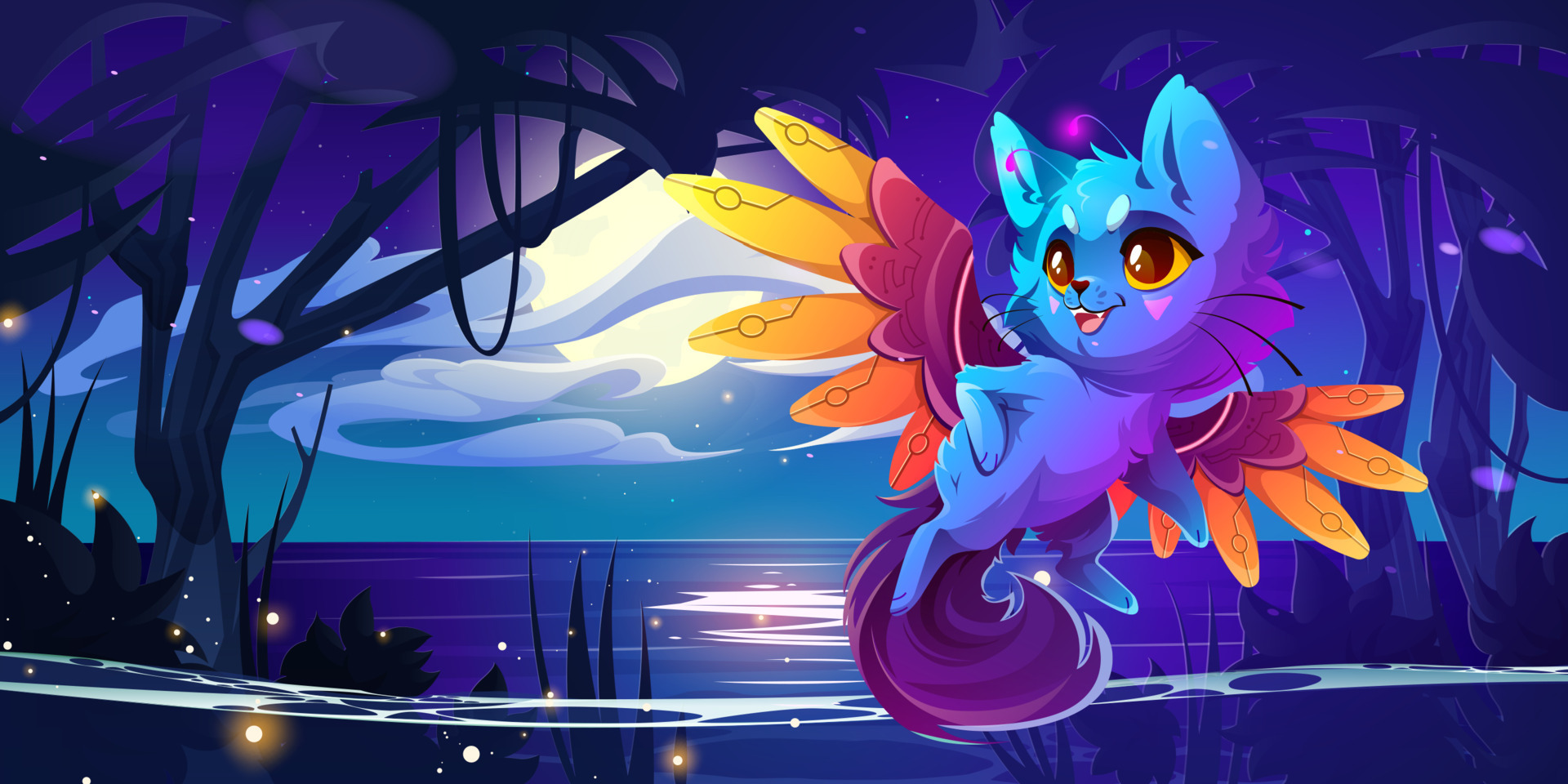 Cute monster cat on fantasy forest landscape 13280671 Vector Art at