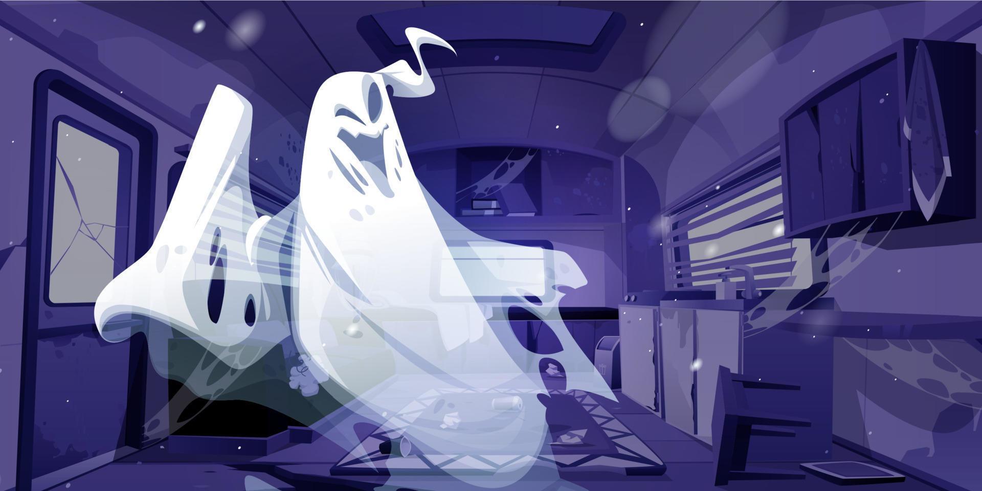 Ghost in abandoned camping trailer car interior vector