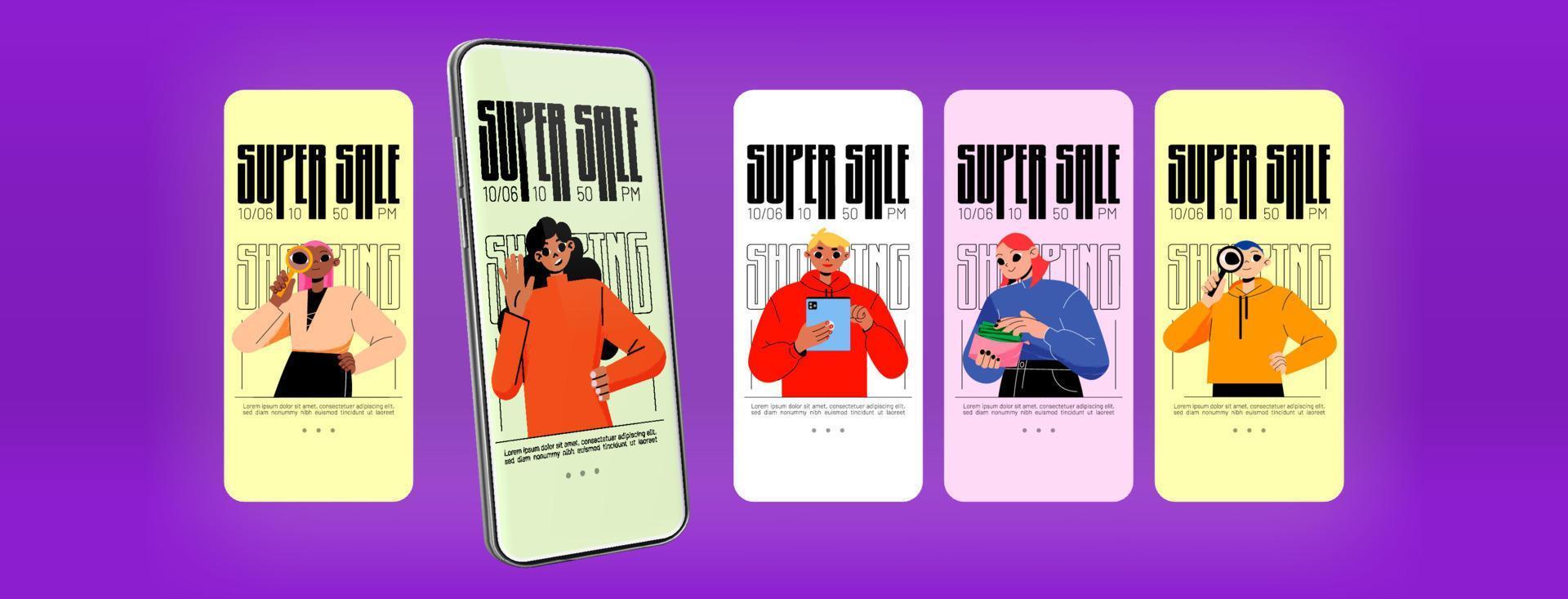 Super sale banners or mobile app onboard screens vector