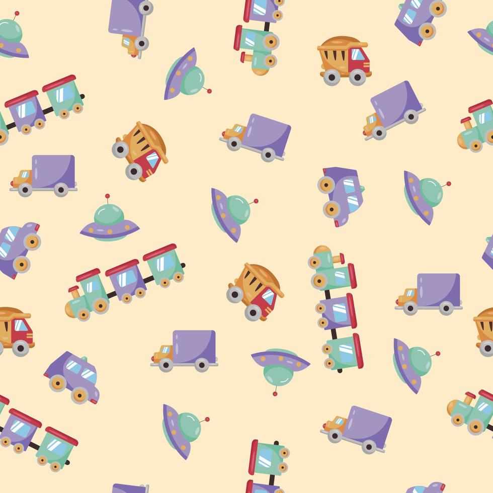 Seamless pattern of children's toys transport in light colors vector