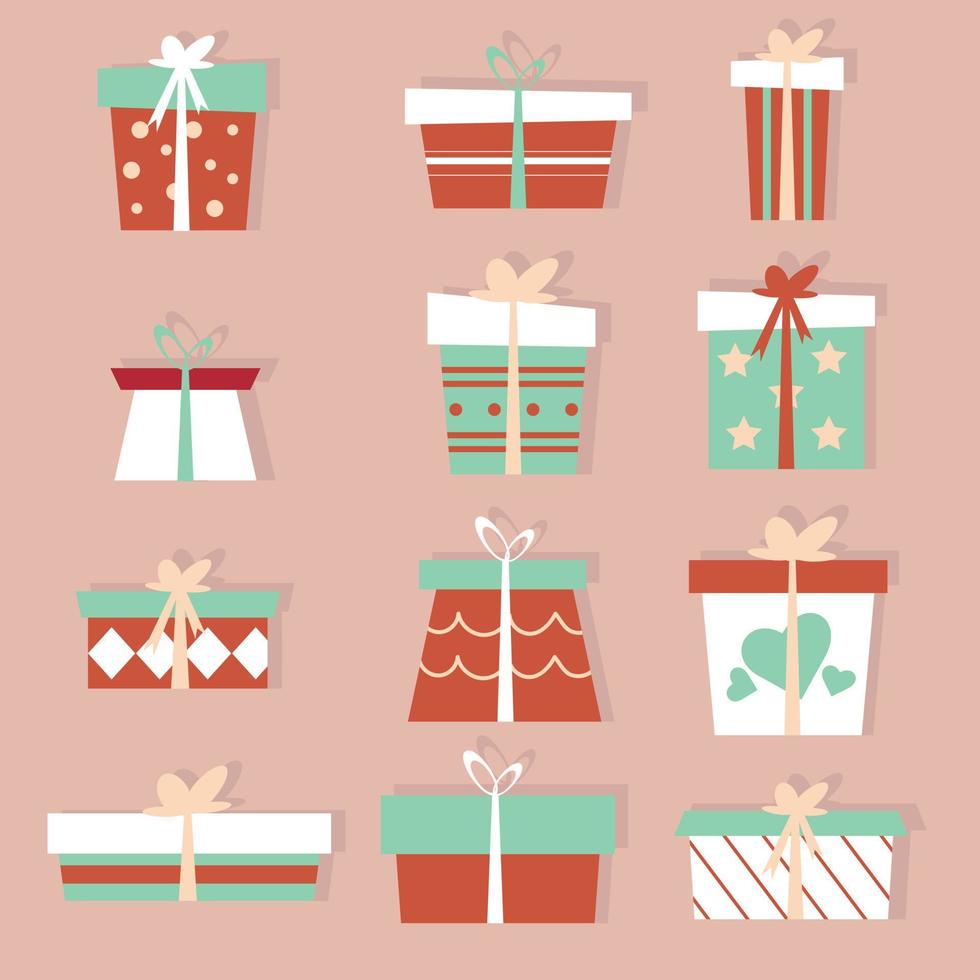 establecer caja de dibujo presente de regalo. rojo navideño, color blanco. vector