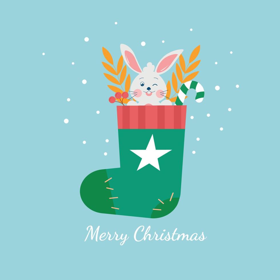 A rabbit in a Christmas sock. New Year. Vector illustration