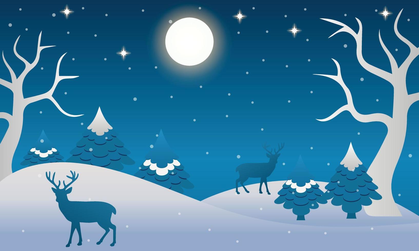 Winter night landscape with reindeer, Christmas trees, stars, dry trees vector