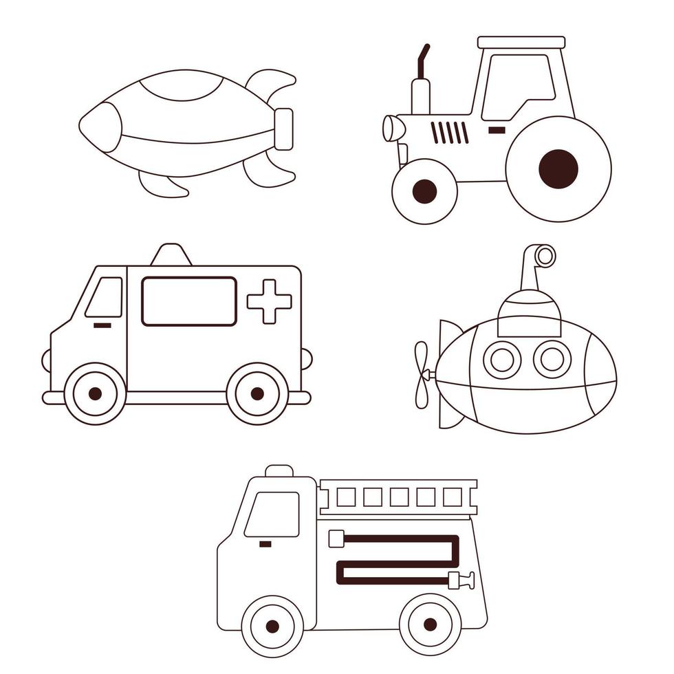 Set of children's toys cars in the style of a doodle, one line vector