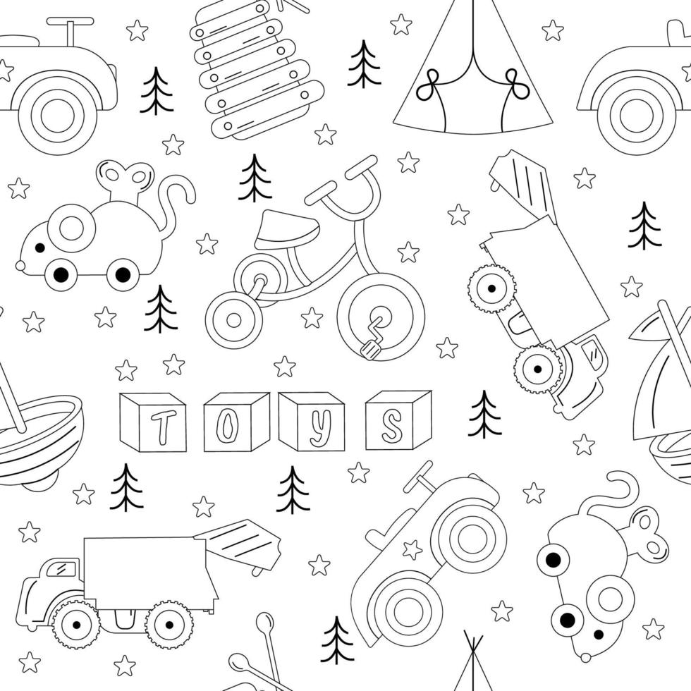Pattern of children toys in style outline black color. Vector