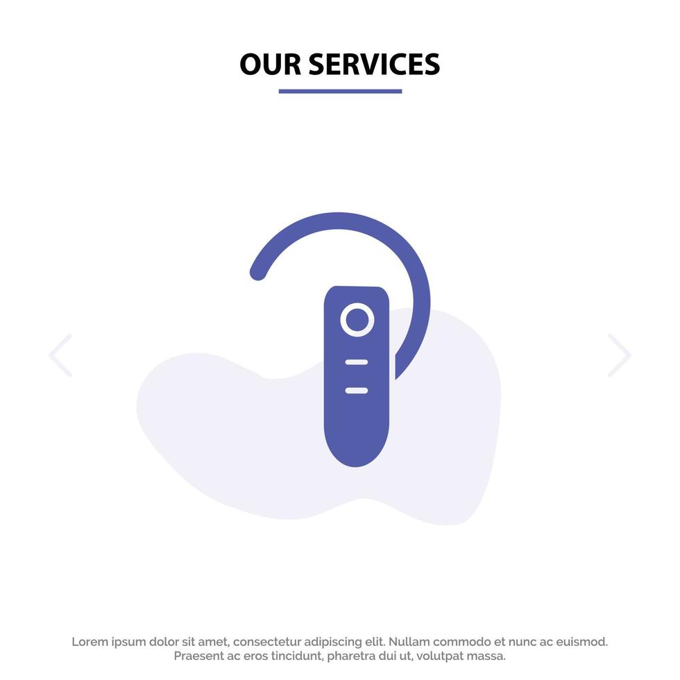 nuestros servicios accesorio bluetooth oído auriculares auriculares icono de glifo sólido plantilla de tarjeta web vector