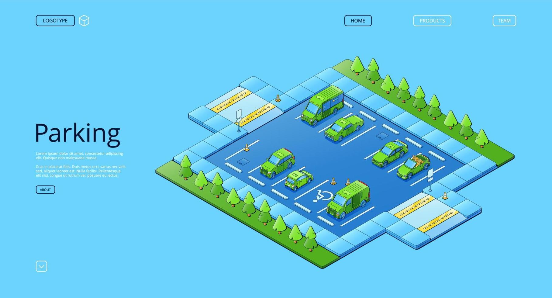 Isometric parking with cars, trees and road signs vector