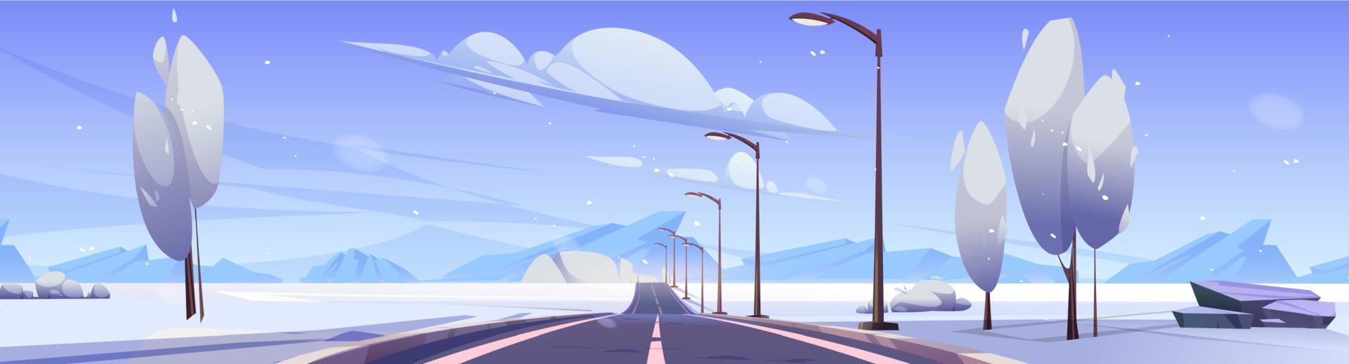 carretera de invierno, carretera vacía en el paisaje montañoso vector