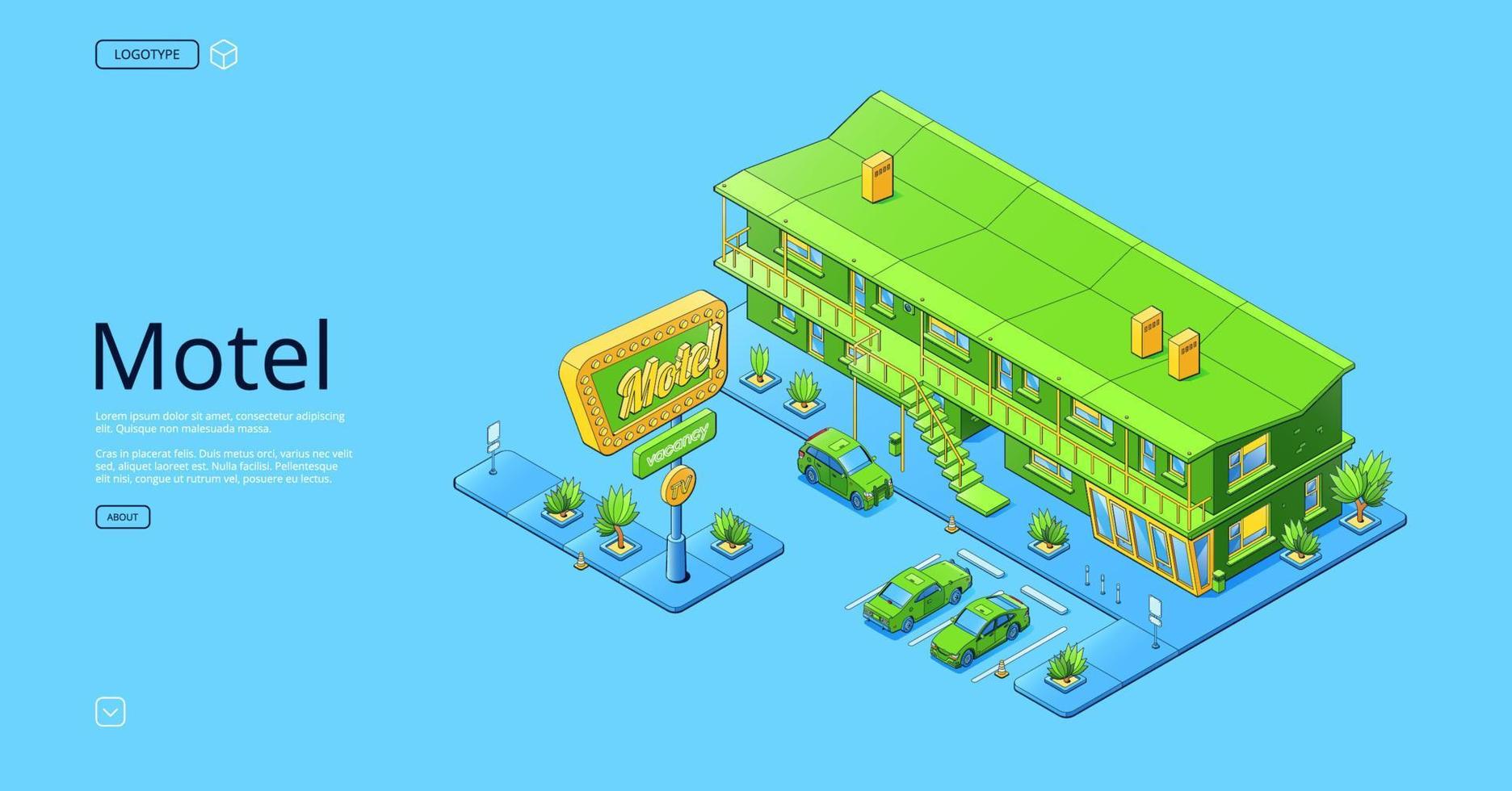 Motel poster with isometric small hotel building vector