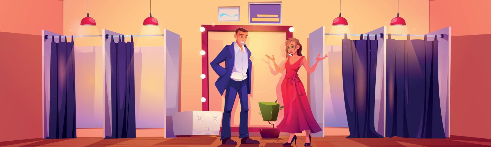 Man looking at girl trying dress in fitting room vector