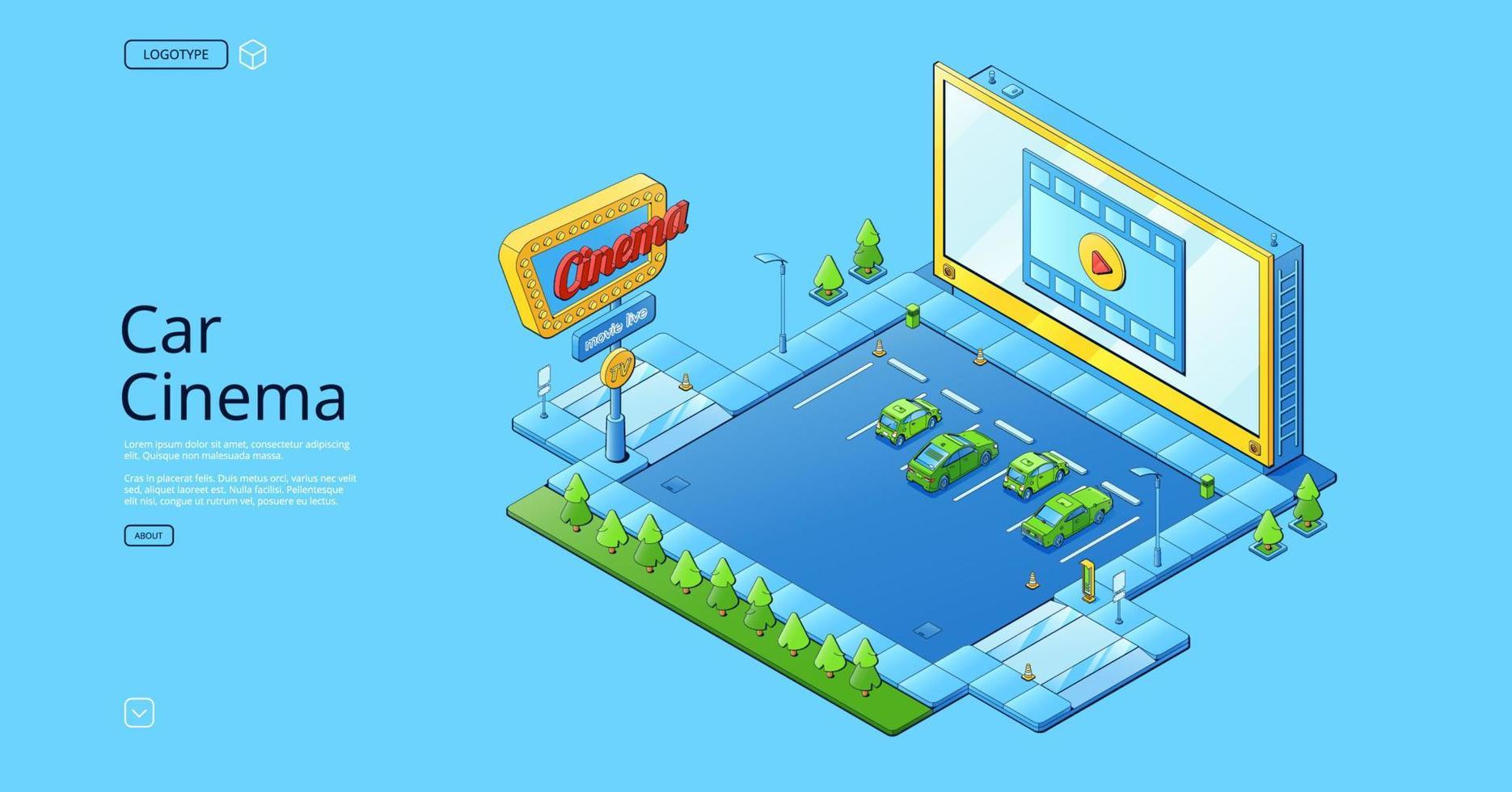 Car cinema, isometric auto on parking with screen vector