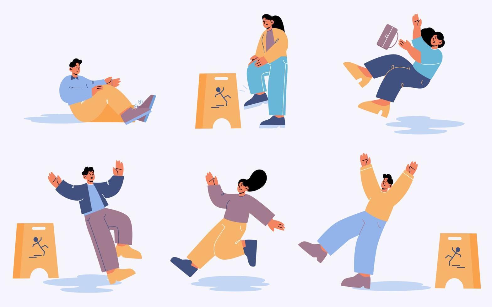 Set of people slip on wet floor or stumble, vector