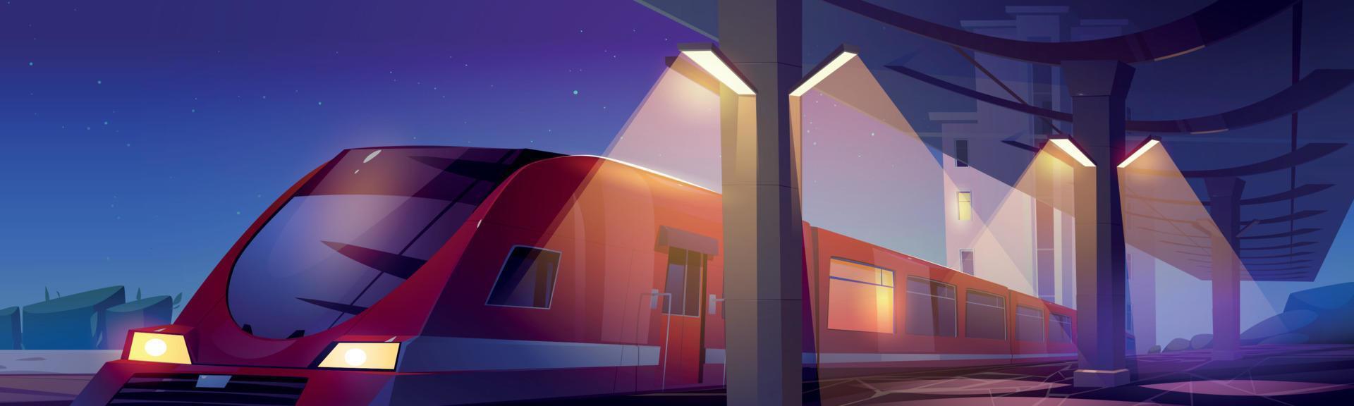 Modern railway station with train at night vector