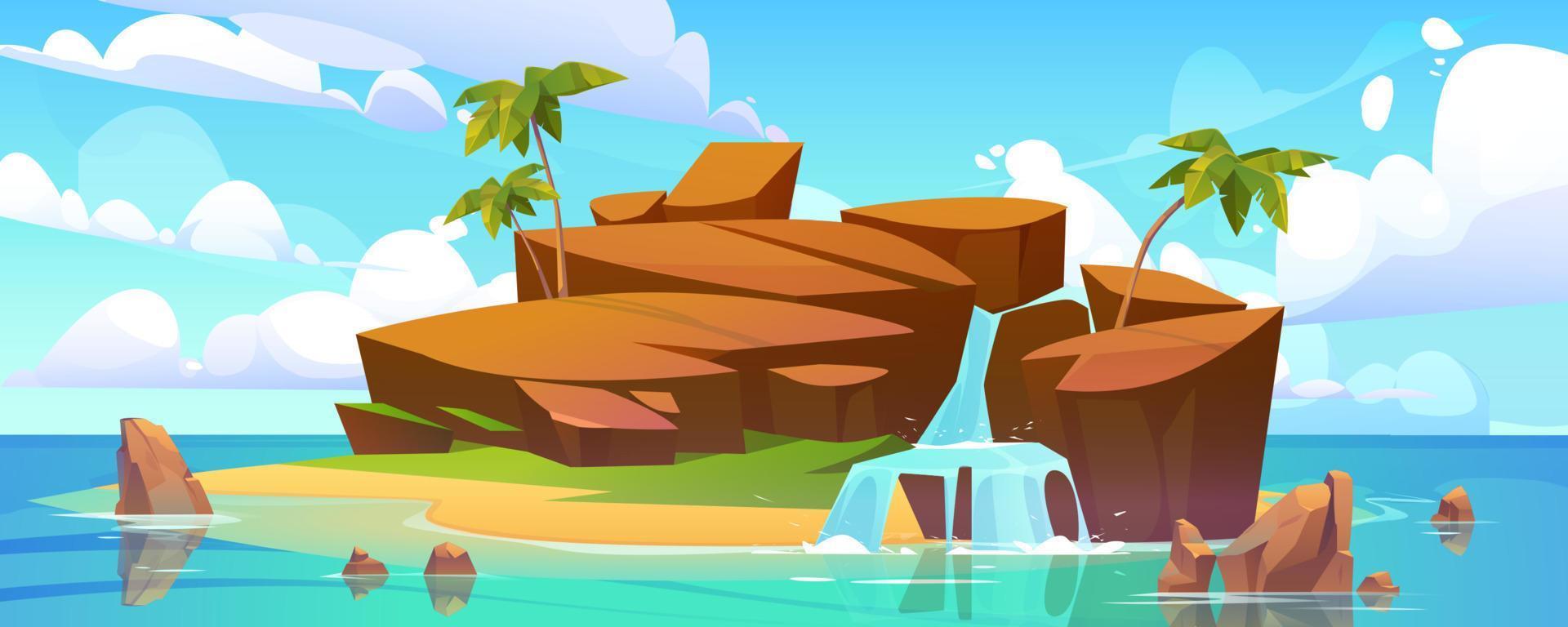 Island with waterfall in ocean, rocky isle beach vector