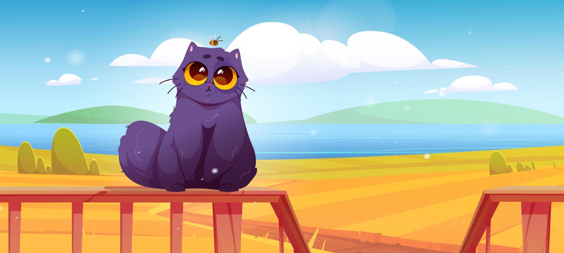Cute cat sit on terrace railing on rural landscape vector