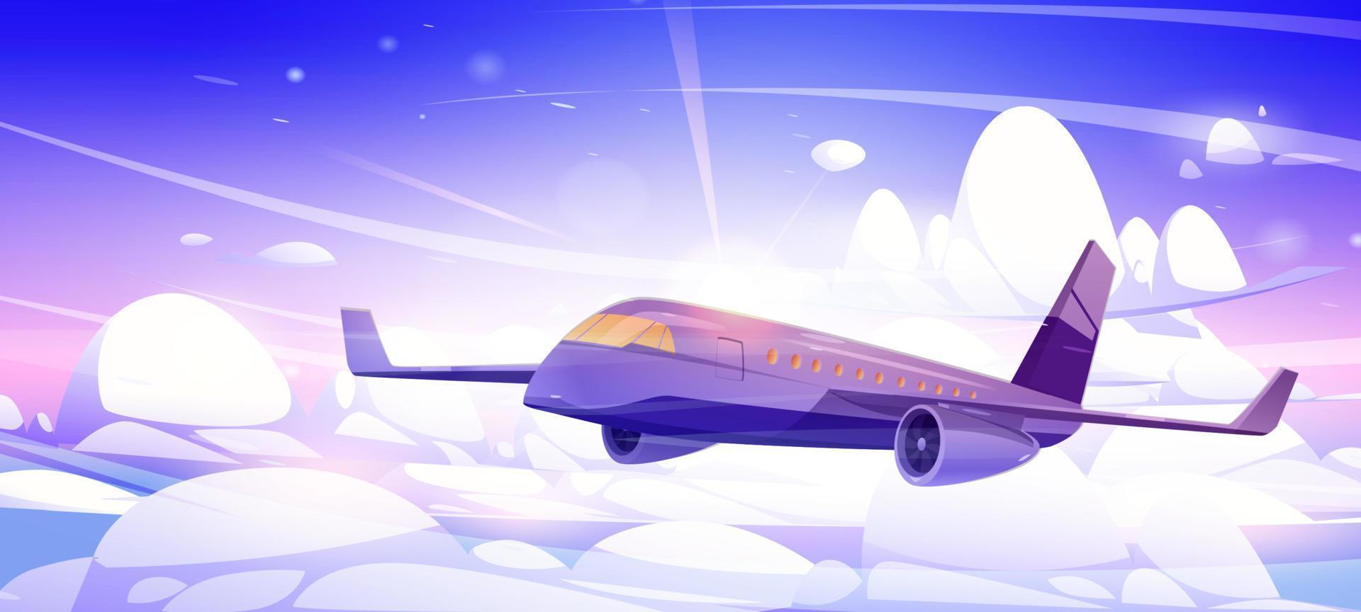 Plane fly in sky with white fluffy clouds and sun vector