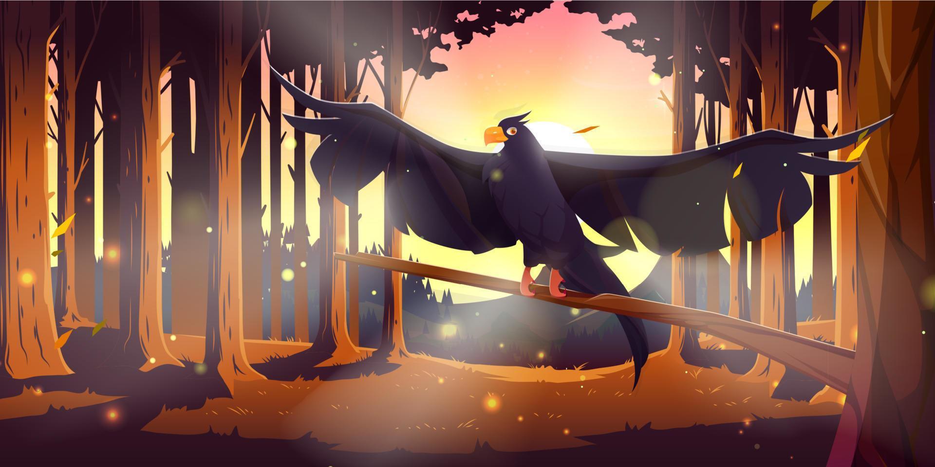 bosque de coníferas con cuervo negro al atardecer vector