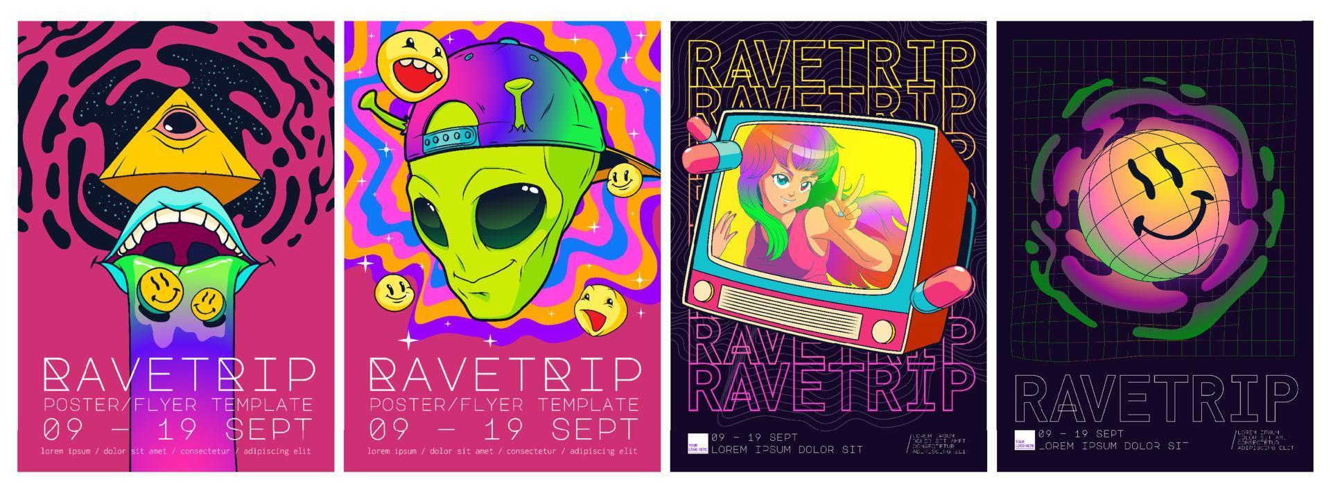 Psychedelic rave trip party banner template, set vector