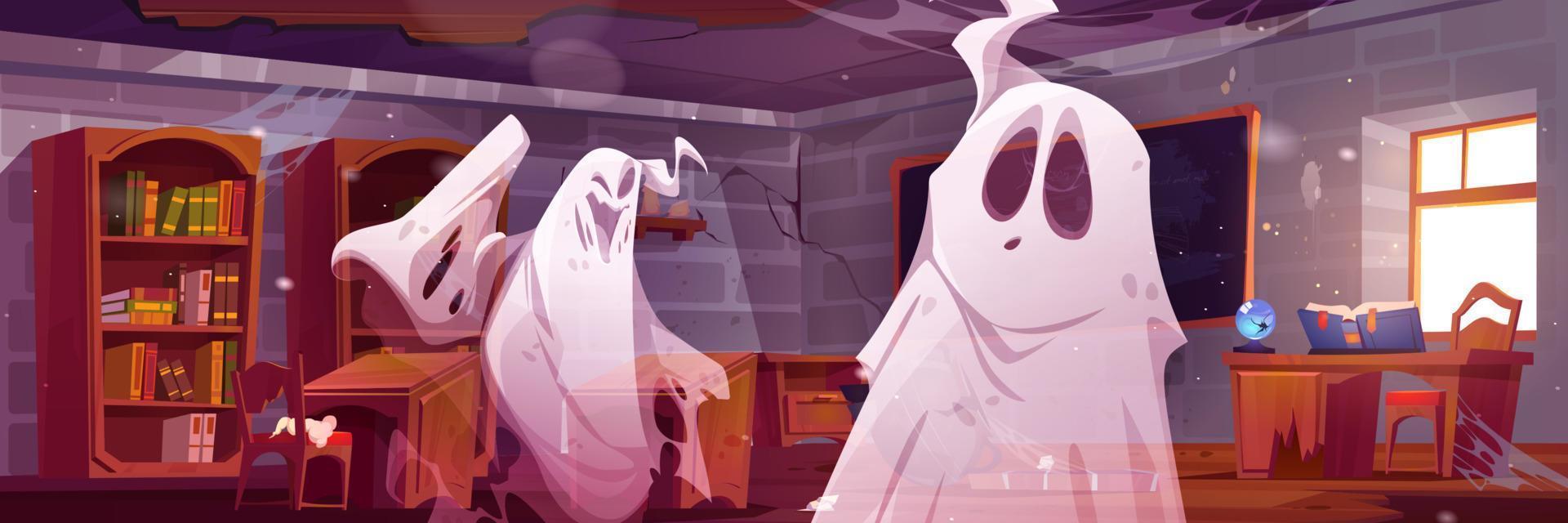 Spooky ghosts in old magic school classroom vector
