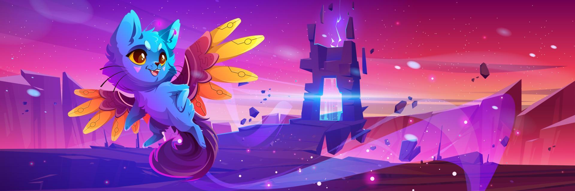 Cute monster on alien planet with magic portal vector