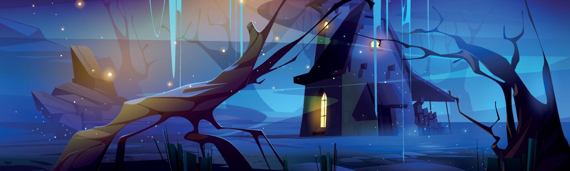 Scary dark forest with witch house at night vector