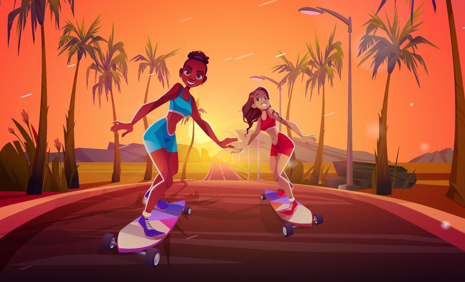 Happy girls riding on skateboard on road, sunset vector