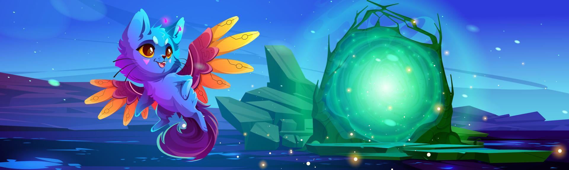 Superhero cat and fantastic portal at night vector