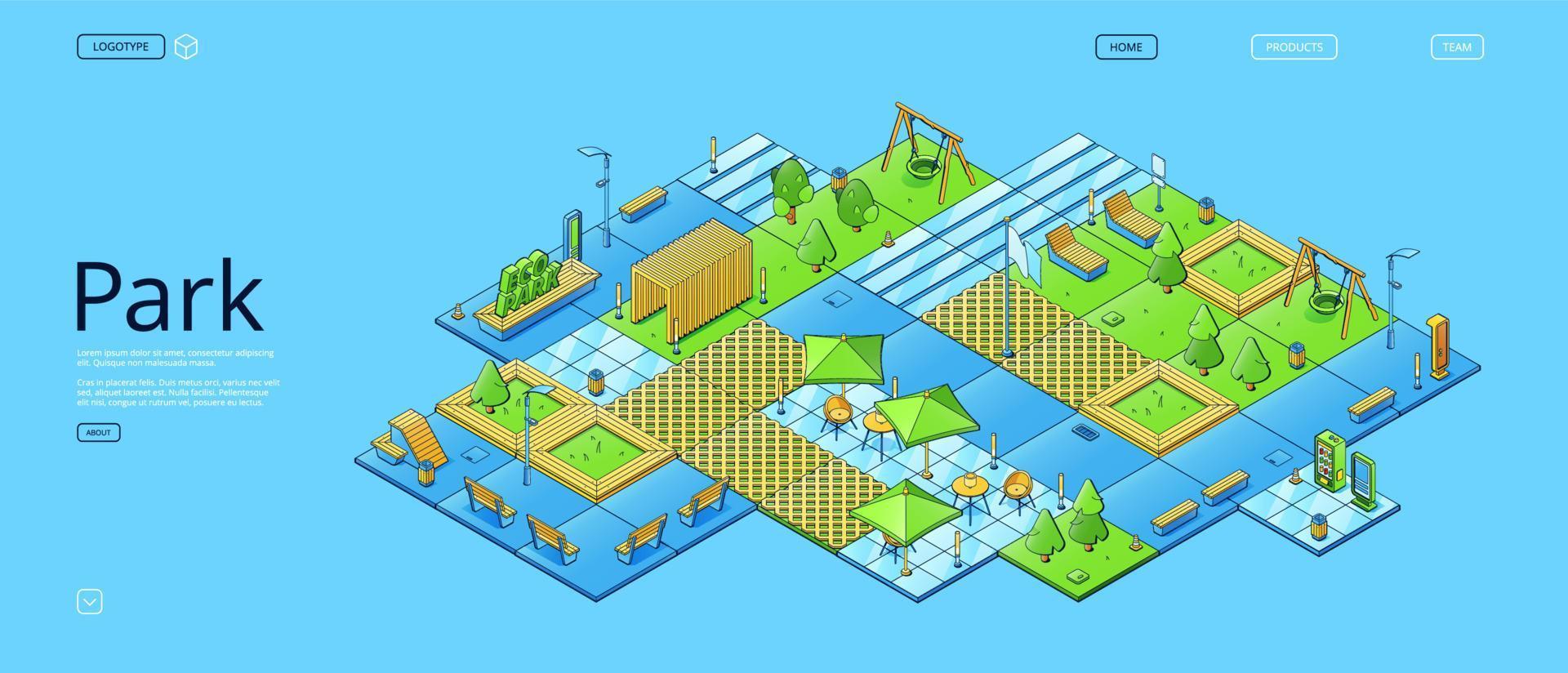 parque ecológico con árboles isométricos, bancos, columpio vector