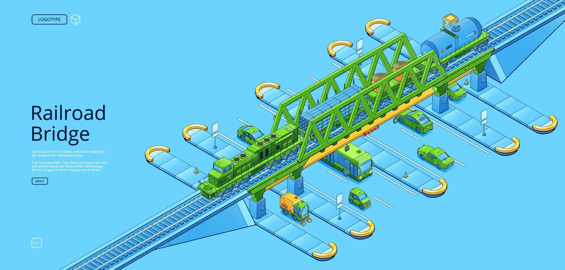 banner de puente de ferrocarril con tren de carga isométrica vector