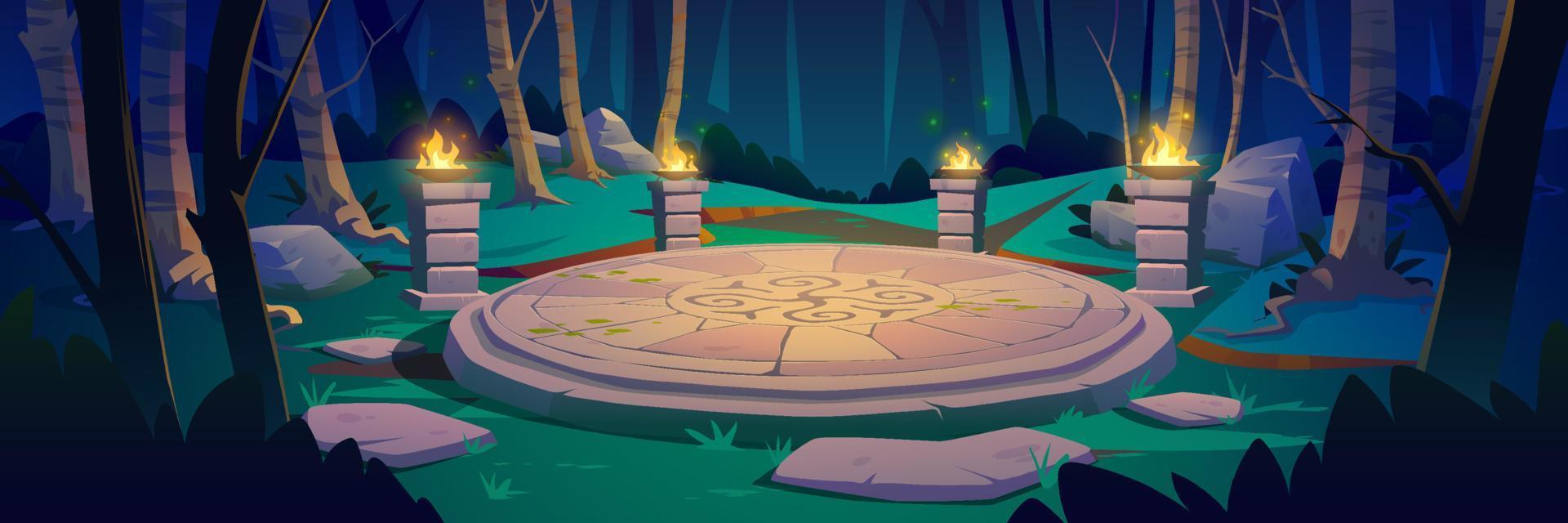 Ancient celtic stone platform in forest at night vector