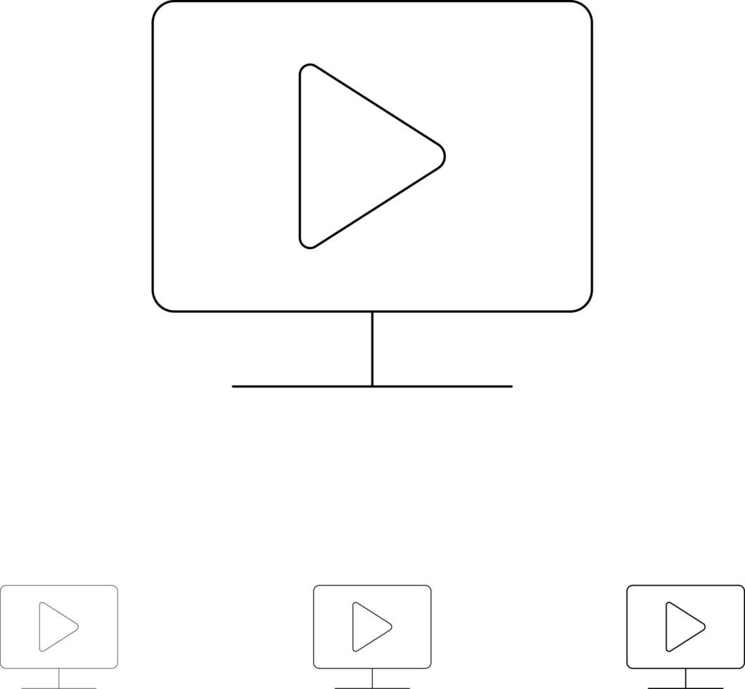 monitor de reproducción de video de computadora conjunto de iconos de línea negra en negrita y delgada vector