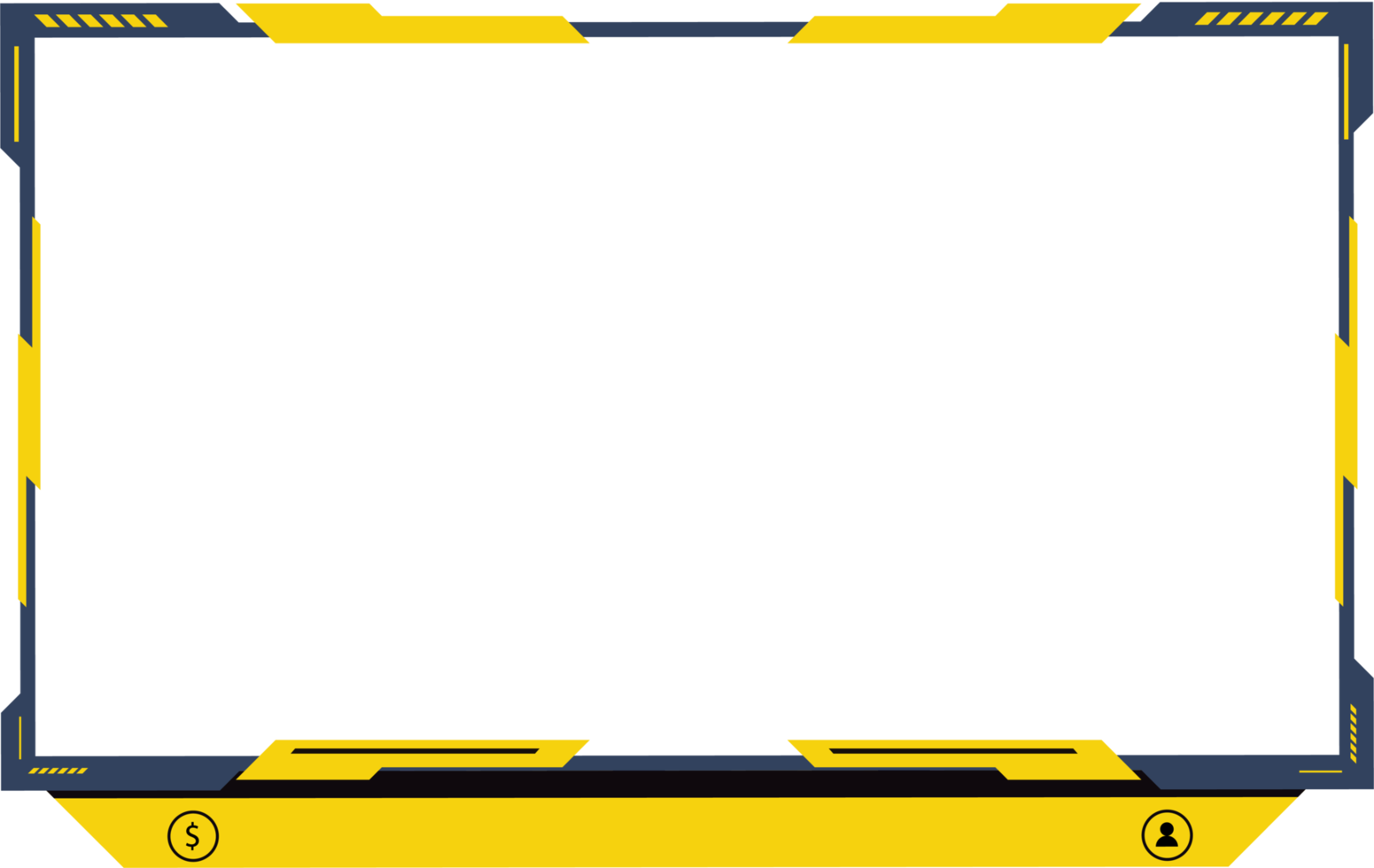 Stylish broadcast gaming overlay PNG with abstract digital shapes. Gaming overlay and screen interface decoration for online gamers. Live streaming overlay design with yellow and dark colors.