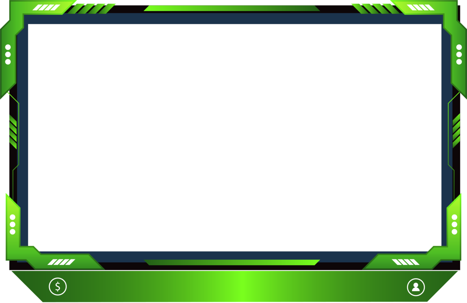 Green Live stream overlay design with offline screen section and colorful buttons. Live streaming overlay PNG for online gamers. Futuristic gaming overlay design for screen panels.