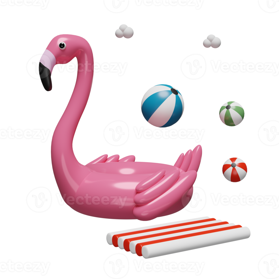 Flamant rose gonflable 3d avec ballon de plage et radeau en caoutchouc isolé. illustration de rendu 3d concept png