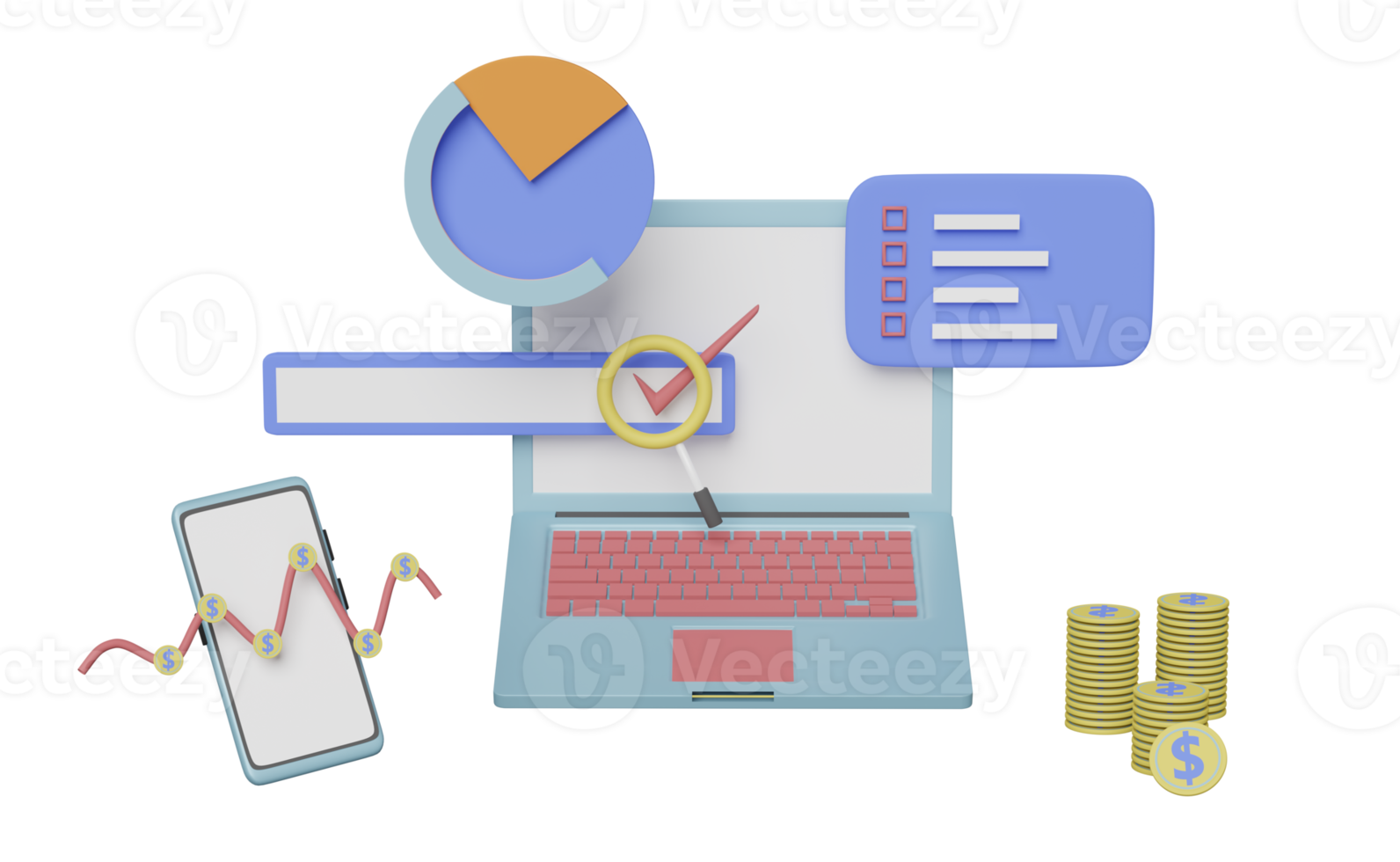 Laptop with charts and graph, analysis business financial data, dollar coins, Online marketing isolated. 3d illustration or 3d render png