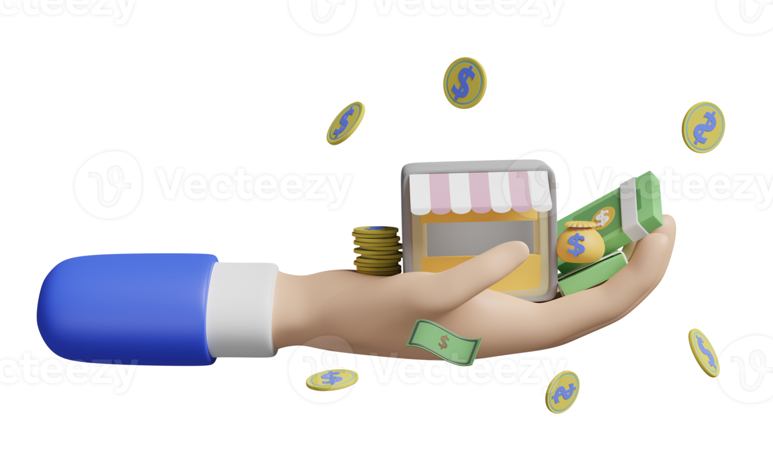 cartoon hands holding store front, coins, banknote, money bag isolated. Startup franchise business or loan approval concept, 3d illustration or 3d render png