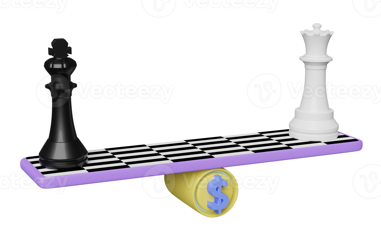 ajedrez blanco y negro con balancín, monedas aisladas. equilibrio de poder o concepto de estrategia empresarial, ilustración 3d o presentación 3d png