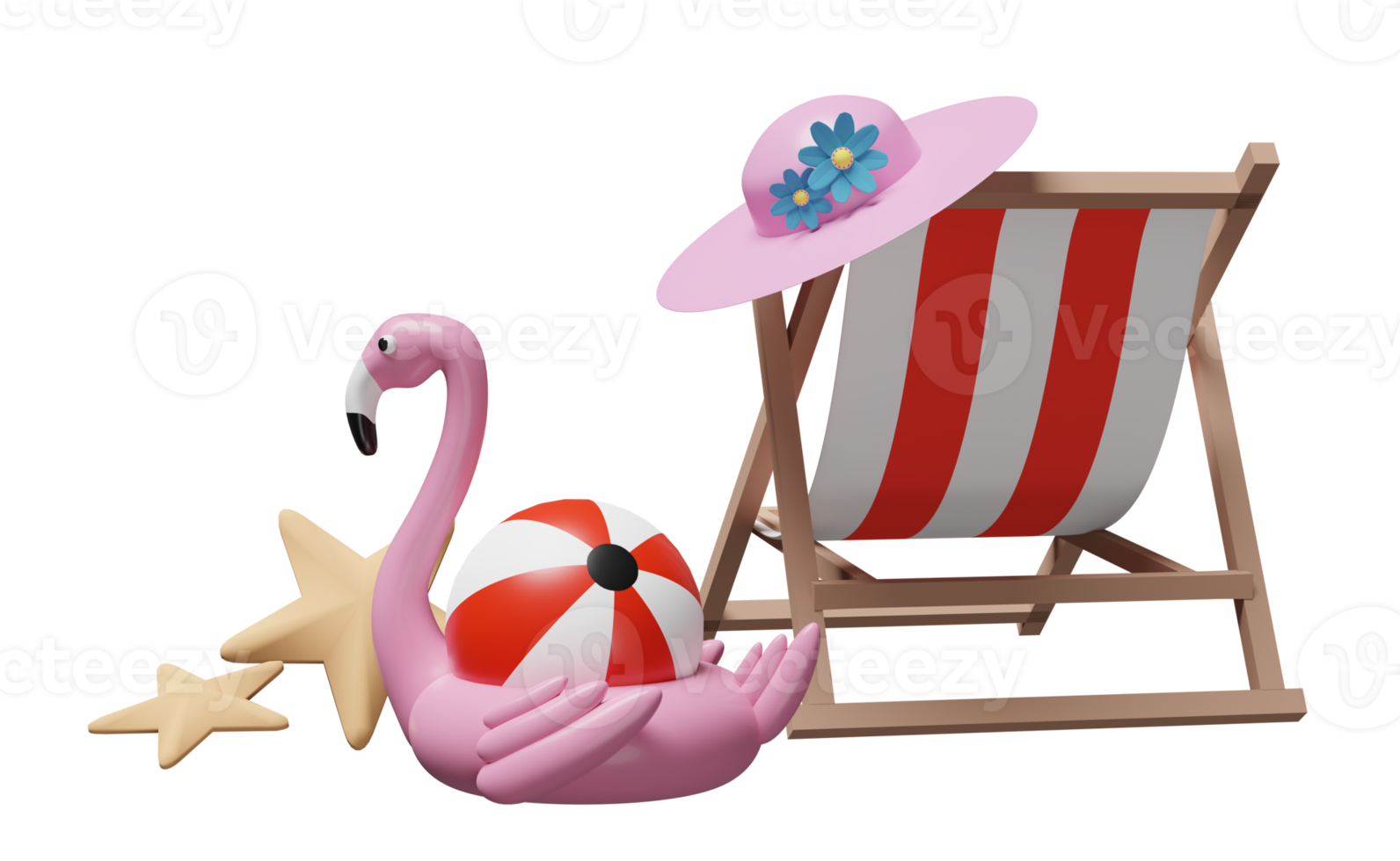 praia de verão com cadeira de praia, bola, flamingo inflável, chapéu, estrela do mar, conceito de viagens de verão, ilustração 3d ou renderização 3d png