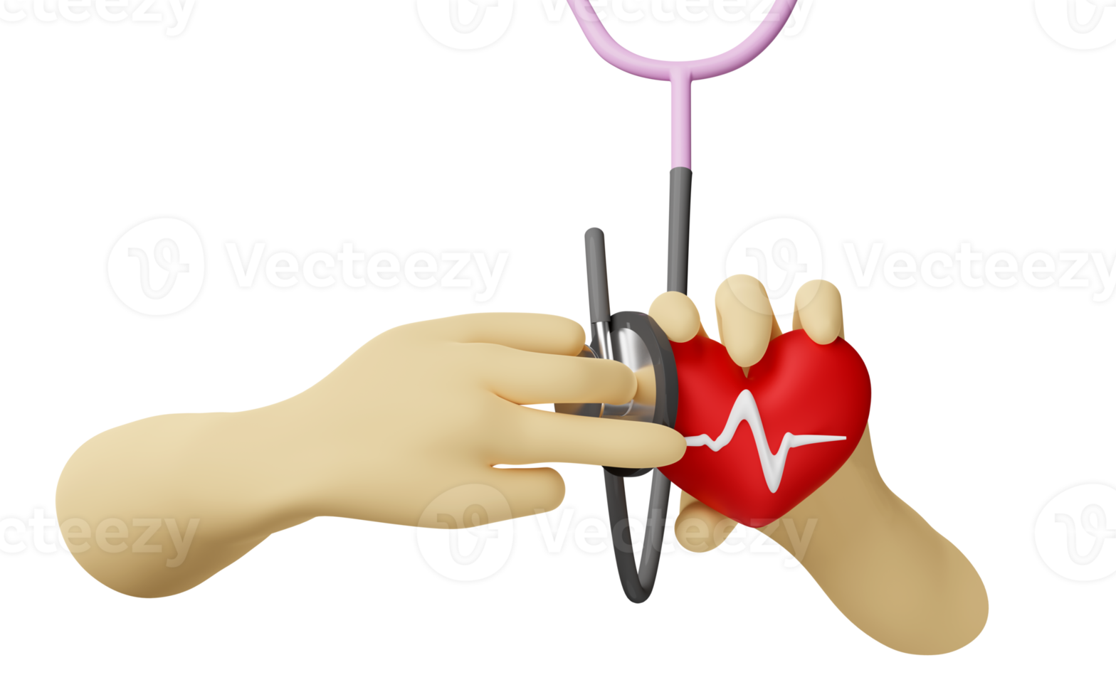 personnage de dessin animé médecin femme mains tenant un coeur rouge avec stéthoscope et fréquence cardiaque de la pression artérielle isolée. concept de la journée mondiale du coeur, illustration 3d ou rendu 3d png