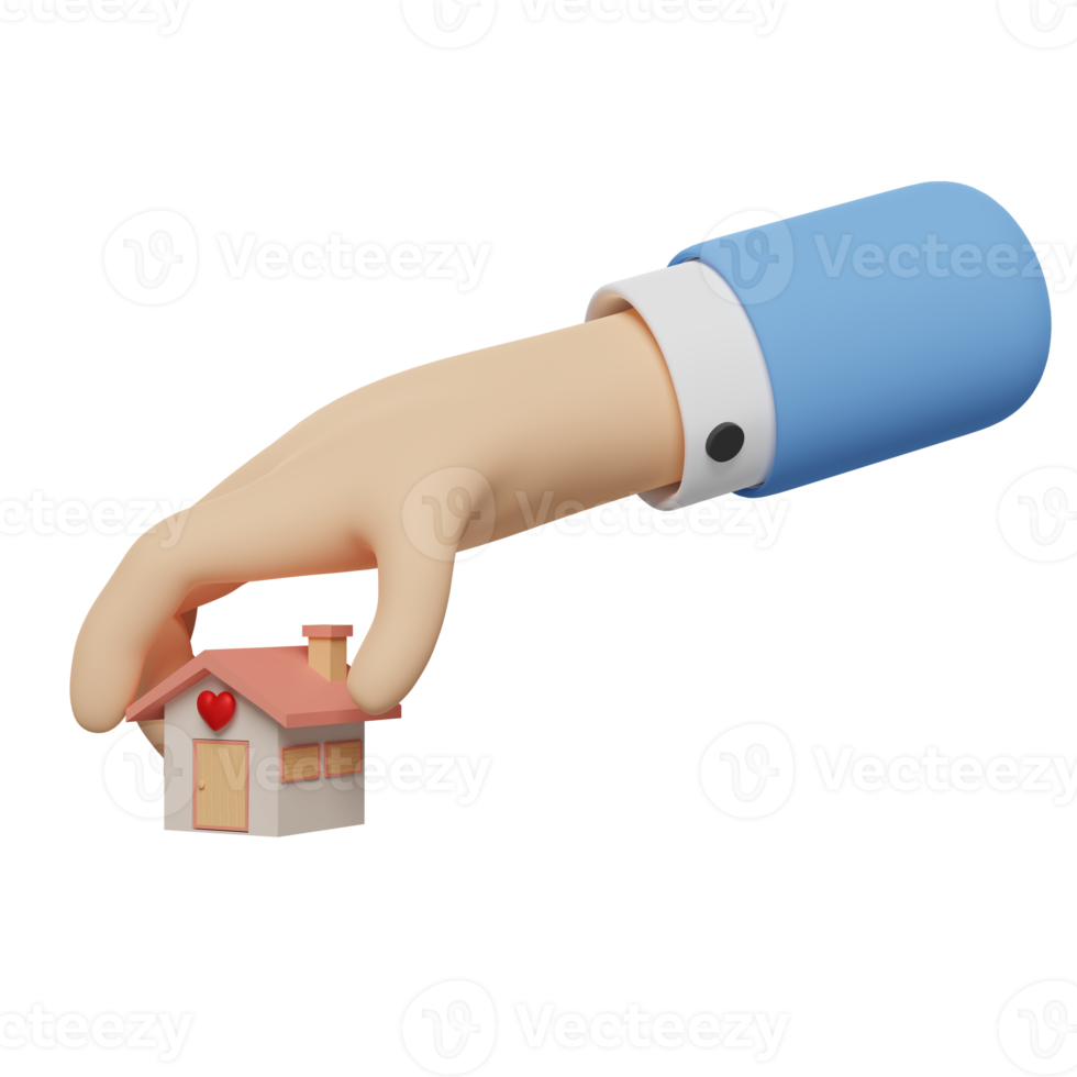 3D Cartoon Geschäftsmann Hände halten Haus isoliert. 3D-Darstellung png