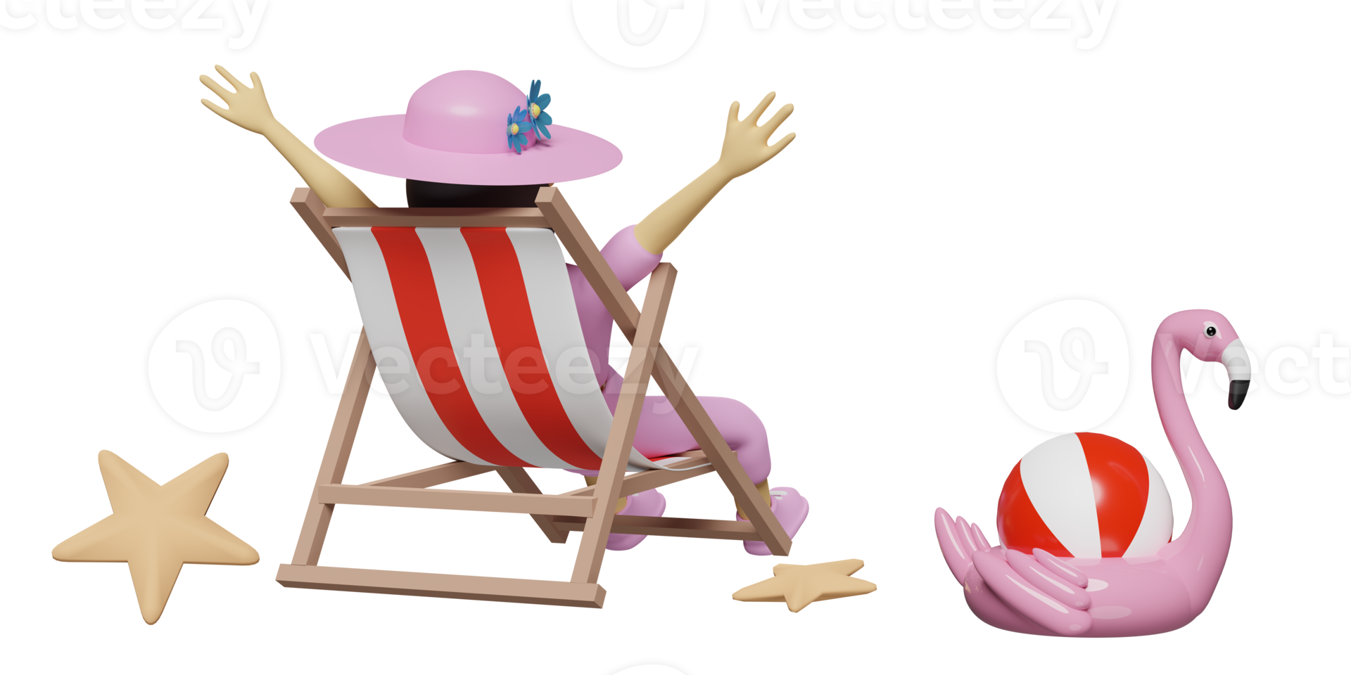 mulher de desenho animado de personagem na praia de verão com cadeira de praia, bola, flamingo inflável, chapéu, estrela do mar, conceito de viagem, ilustração 3d ou renderização 3d png