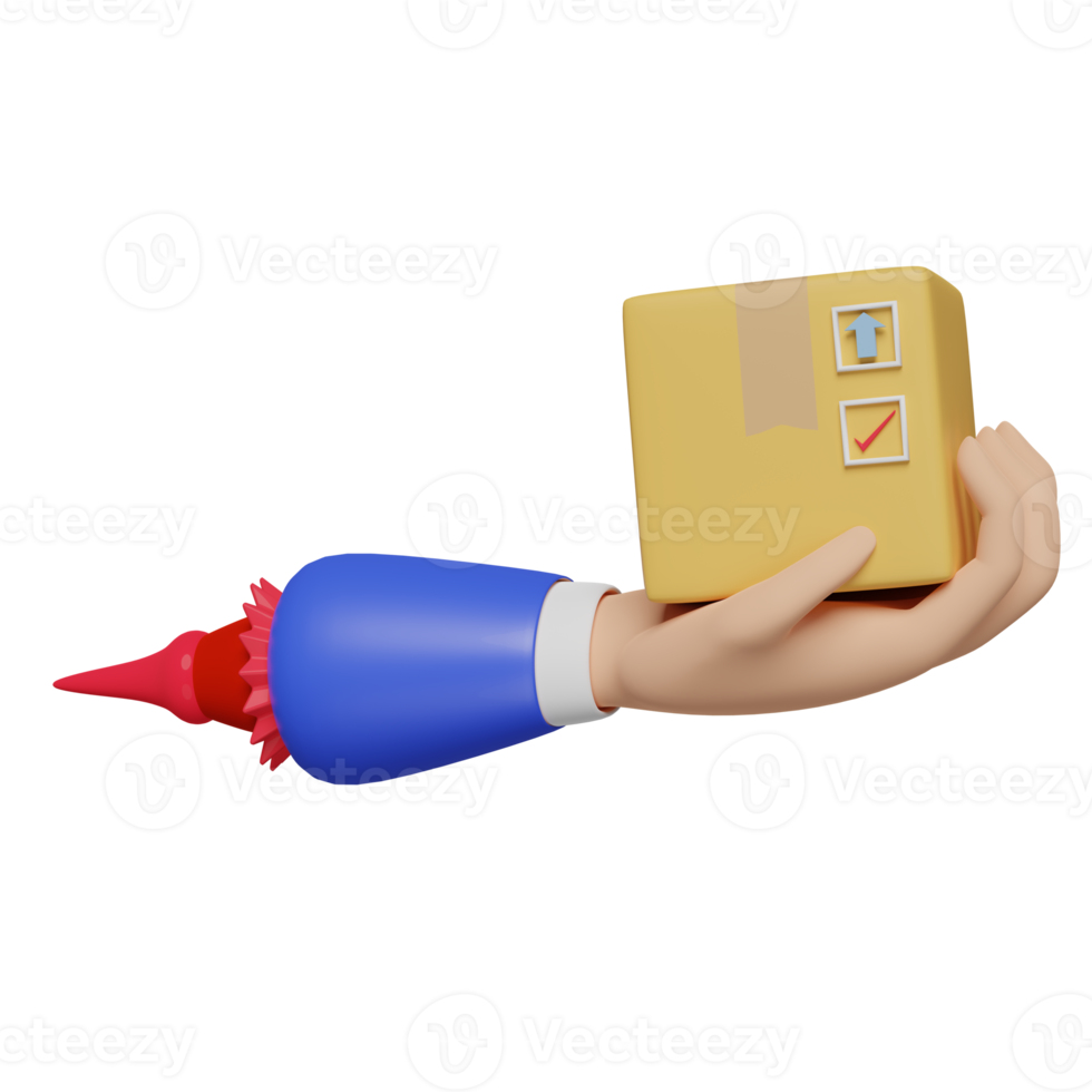 cartoon hands holding goods box isolated. Online delivery or order tracking or fast package transport concept, 3d illustration or 3d render png