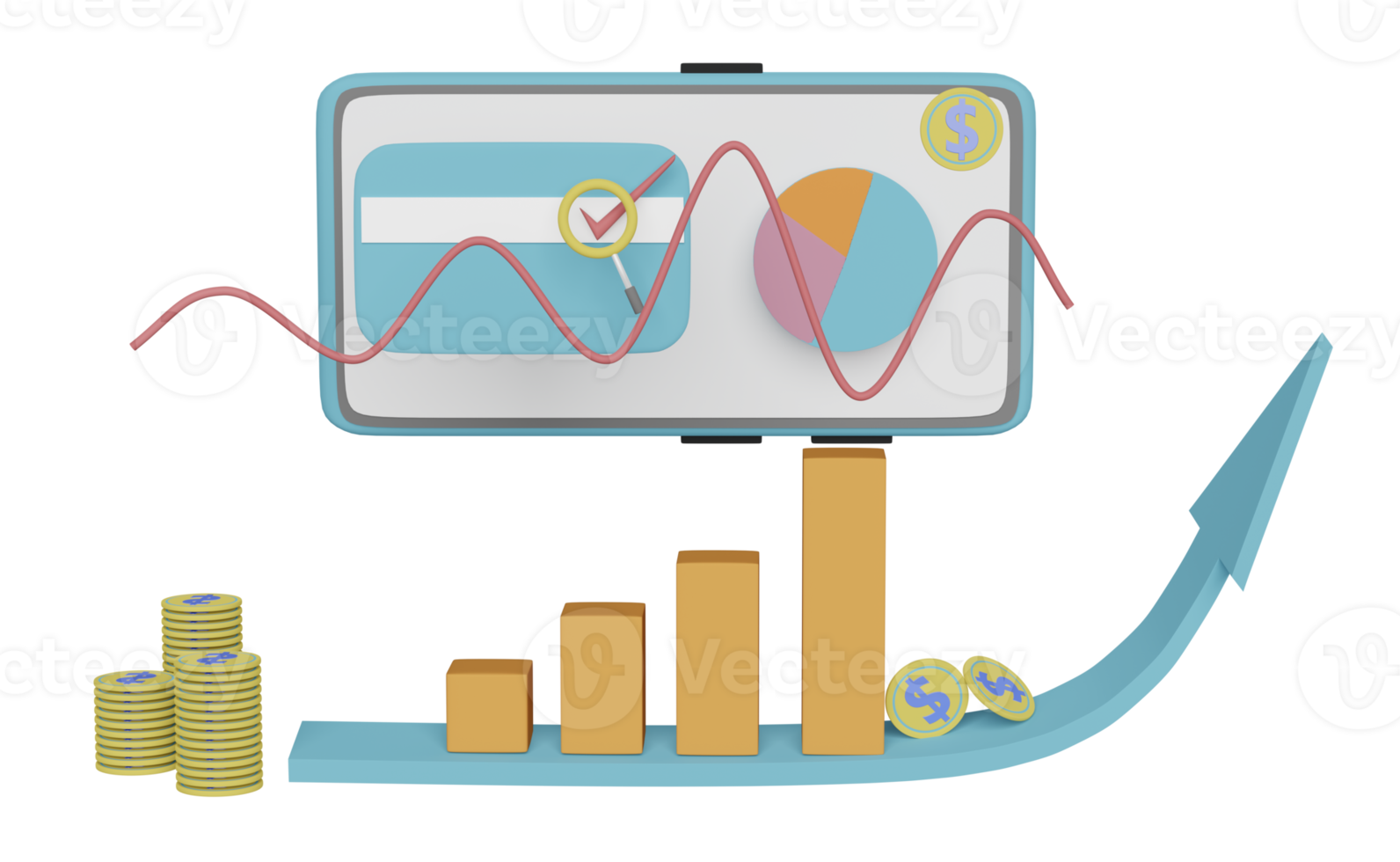 téléphone portable avec graphiques et graphiques, analyse des données financières de l'entreprise, marketing en ligne isolé. illustration 3d ou rendu 3d png