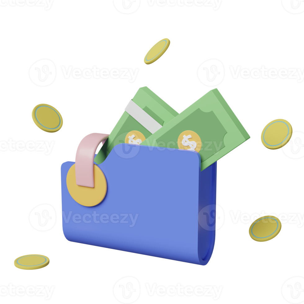 wallet with coins,banknote saving money concept isolated. 3d illustration or 3d render png